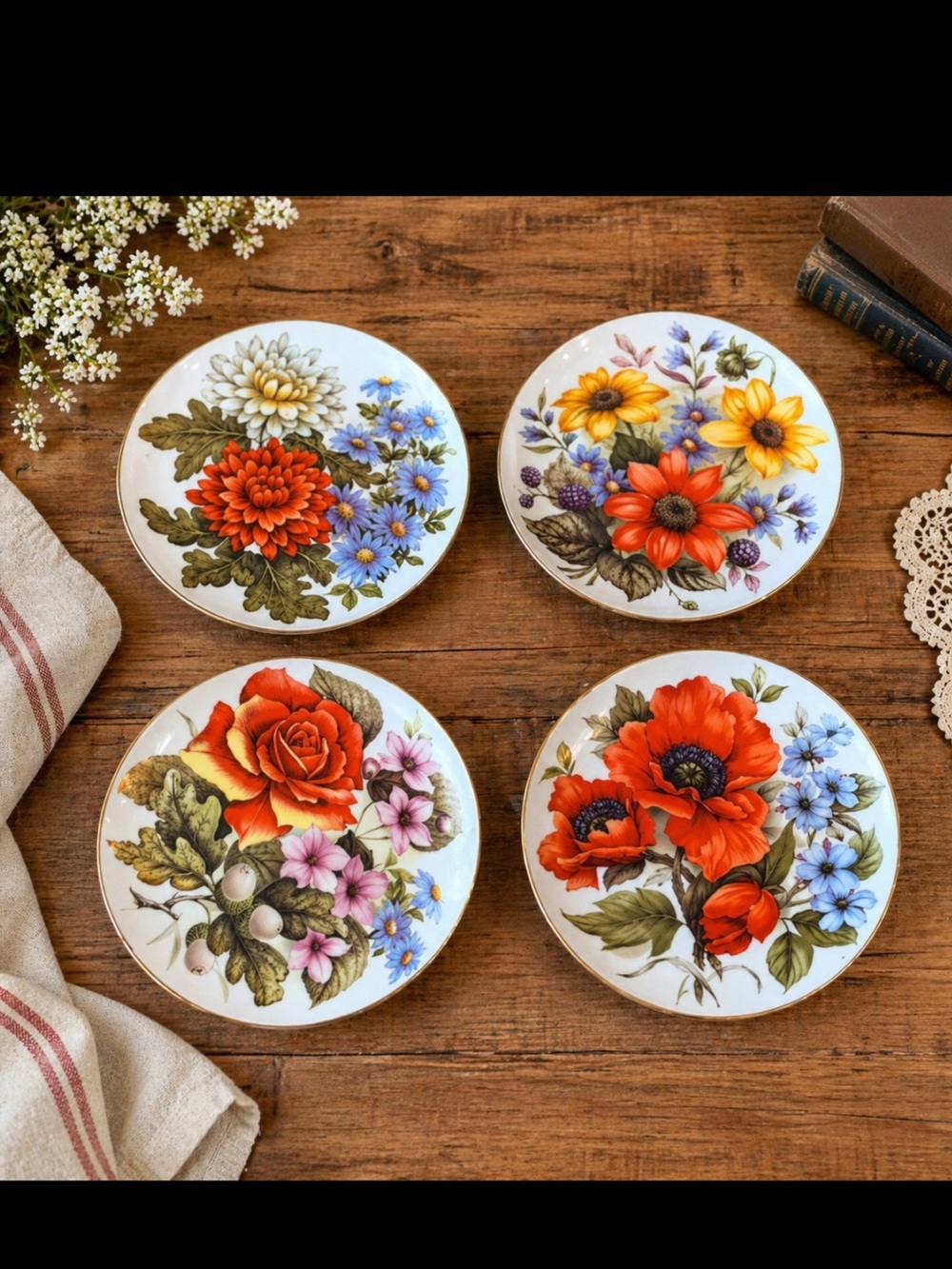 4 Vintage Floral Gold-Rim Porcelain Dessert Plates. Botanical | Vibrant | Cozy
